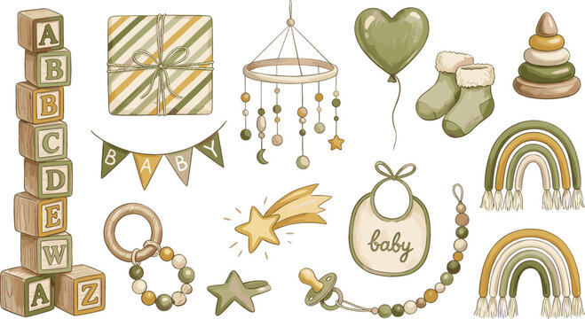 Boho Sage Green Watercolor Baby Shower Vector Set with Wooden ABC Blocks, Macrame Rainbows, Crib Mobile, and Nursery Toys for Greeting Cards