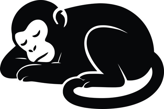A peaceful sleeping monkey curled up in a side view, with head resting on folded arms and eyes gently closed