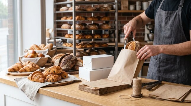 Fresh bakery takeaway packaging scene with breads pastries and blank bags