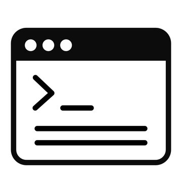 Black and white command line terminal window icon representing software development, programming interface, and machine learning algorithm execution
