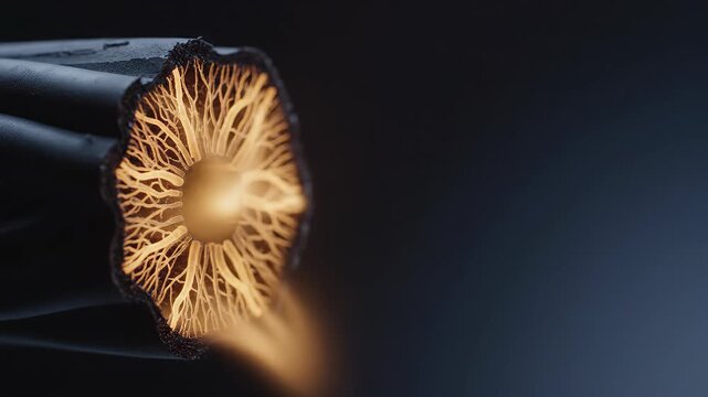 Glowing fire patterns on a textured circular component cross section. Abstract light emission from industrial material structure. Technical surface analysis concept