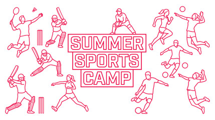 Naklejka premium Summer sports camp for children and adults line art graphic banner.