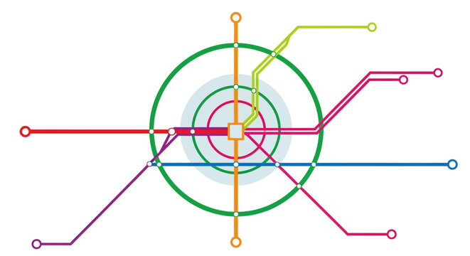 Abstract subway map vector, colorful transit system diagram with circular lines, urban transportation network infographic for city planning