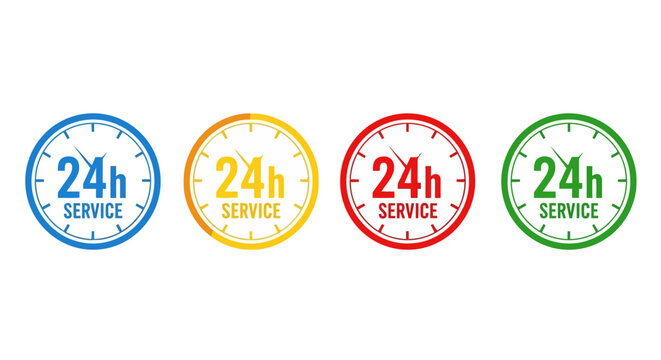 24h service clock icons set, colorful round twenty four hour customer support symbols, flat vector badges for non-stop assistance and delivery