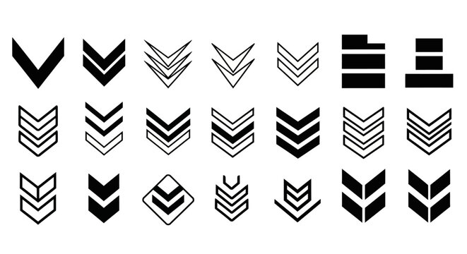 Military chevron rank insignia set, 21 black vector arrow icons, sergeant stripe symbols for army uniforms and tactical gaming UI