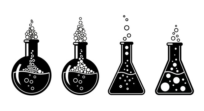 Laboratory flask icons with bubbling liquid, chemical experiment glassware set, black and white science beaker vector illustrations for education