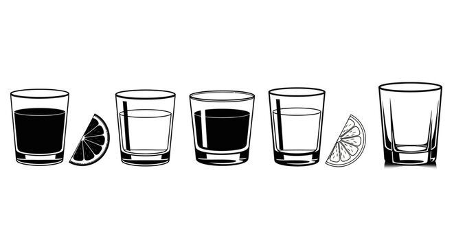 Minimalist shot glass vector icons, black and white tequila or vodka shots with citrus lime wedges, bar and nightlife beverage illustrations
