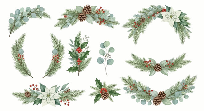 Watercolor Christmas floral elements set, winter greenery branches with pine cones and red berries, festive botanical wreaths and borders for holiday cards
