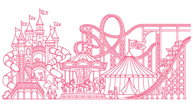 Amusement park outline vector illustration on white background for entertainment concept.