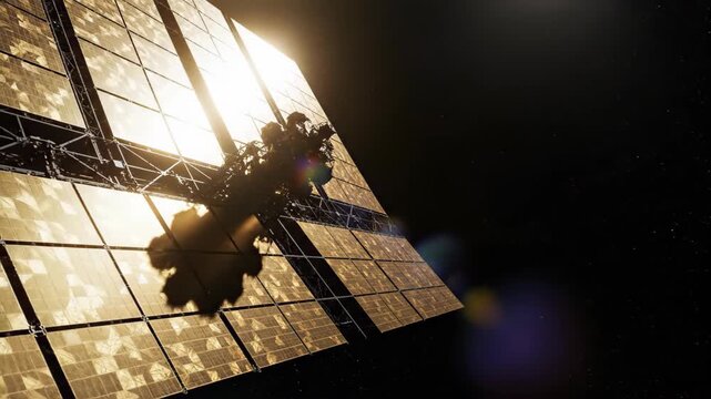 Solar panel array floating in deep space orbit. Satellite harvesting sunlight energy. Futuristic spacecraft technology engineering model for renewable power supply