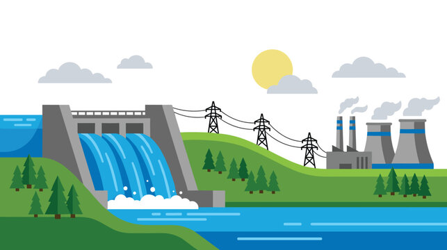 Hydroelectric power plant dam generating electricity with cooling towers.