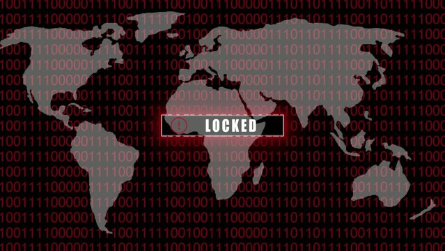 Locked warning sign displayed on a map with red binary code digital Generate title without using the word "Title:" before it. background