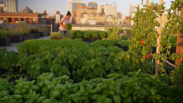 Rooftop vegetable garden with gardener tending greens