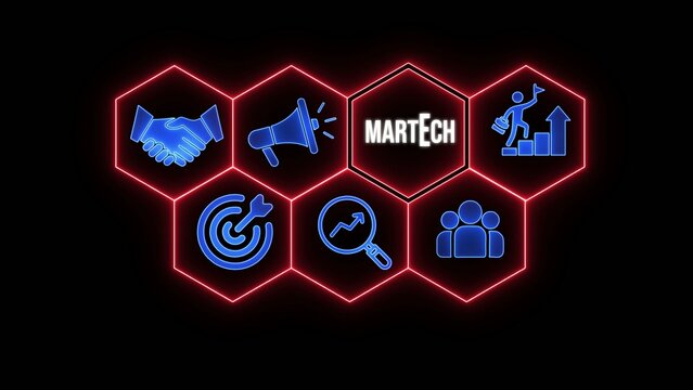 Martech in hexagons on black background blue neon