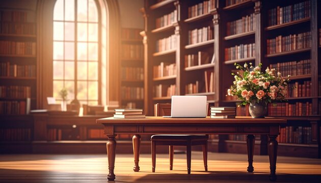 Warm library scene with sunlight, wooden desk, books, and flowers. Shelves fill the background