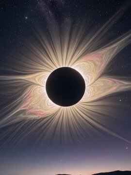Dramatic total solar eclipse with glowing corona sky