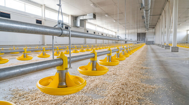 Innovative Metallic Pipe Poultry Feeding Line System Utilizing Highly Visible Yellow Plastic Commercial Food Trays