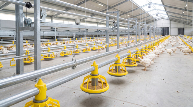 Modern Automatic Poultry Feeding Lines With Industrial Metallic Piping And Bright Yellow Plastic Feed Trays