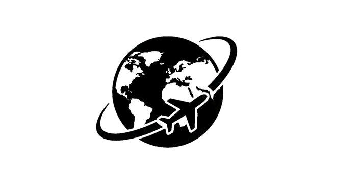 Minimal black silhouette icon, simple flat vector, bold black shape, no, no shading travel icon with airplane flying around the globe on a, flat icon style
