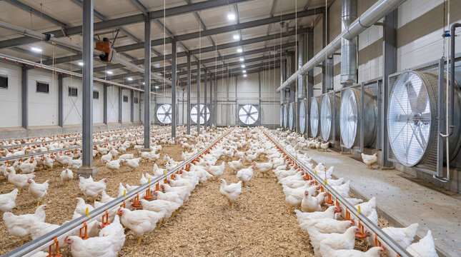 Modern Climate Controlled Poultry Barn Featuring A Large Industrial Ventilation Fan For Optimal Air Flow