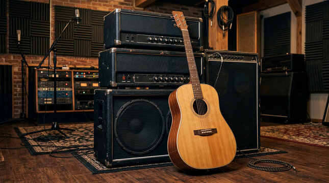 Unbranded acoustic guitar with a natural wood finish leaning against a stack of audio amplifiers