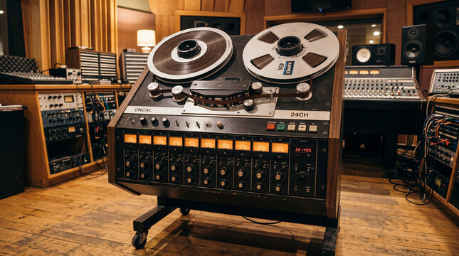 Vintage unbranded twenty four track analog tape machine featuring large reels of magnetic recording tape