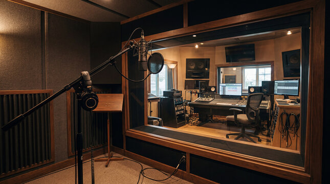 An Empty Vocal Booth Looking Through Large Glass Window Into Control Room With Audio Equipment