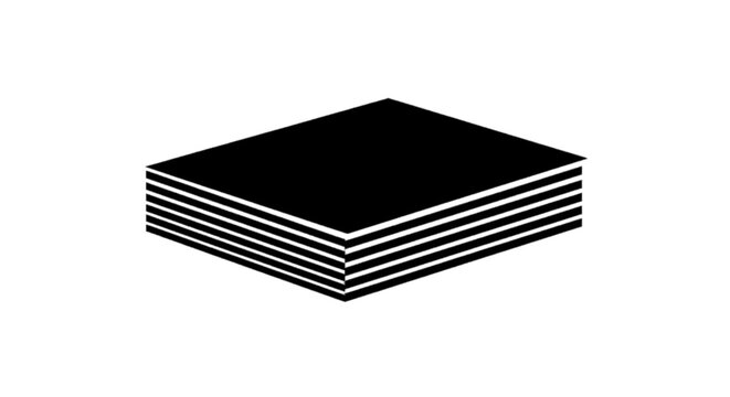 Minimal black silhouette icon, simple flat vector, bold black shape, no, no shading stack of paper sheets or layers of material on a, flat icon style
