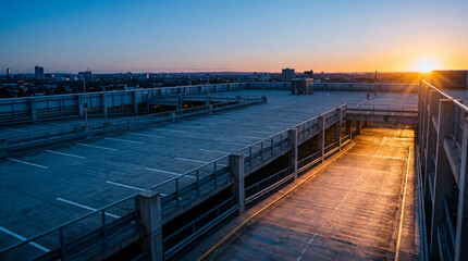 Obraz premium Scenic elevated parking deck at dawn showing cool blue ambient sky light mixing with sunbeams