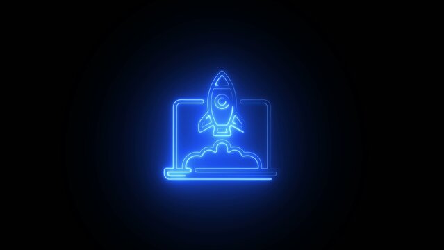 Neon blue glowing outline of a rocket launching from a laptop screen with clouds Generate title without using the word "Title:" before it