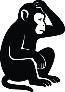A worried monkey in bold black silhouette, seated in side profile with one hand raised to its head in a classic gesture of stress