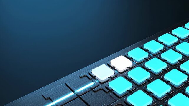 Illuminated technological grid with active glowing squares. Abstract digital interface background showing sequential activation of light cells on metallic panel