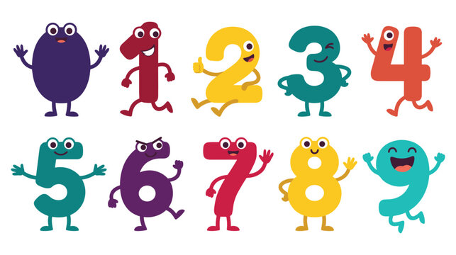 Cute cartoon number characters from zero to nine with funny faces for kids math education.