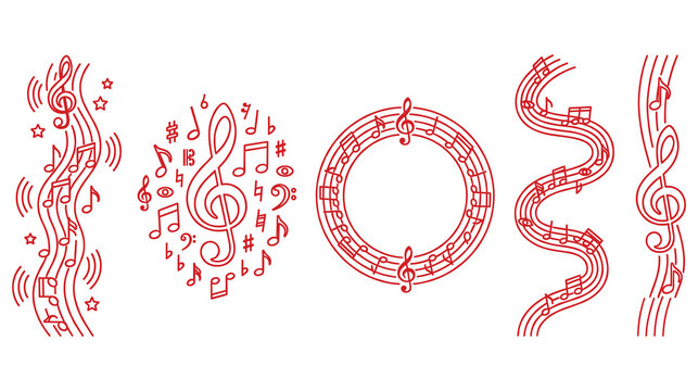 Musical notes and treble clef design elements in red line art style for creative projects.