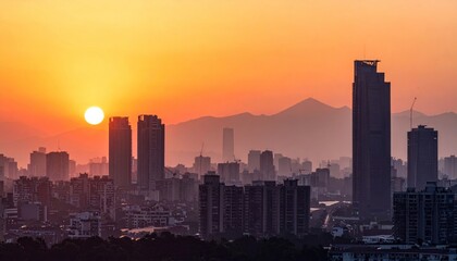 Fototapeta premium City skyline silhouettes against an orange sunset with mountains in the distance