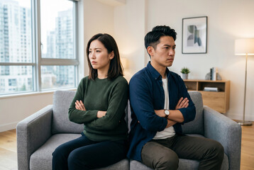 Obraz premium ソファで背を向けて座る喧嘩中の夫婦 Generative AI