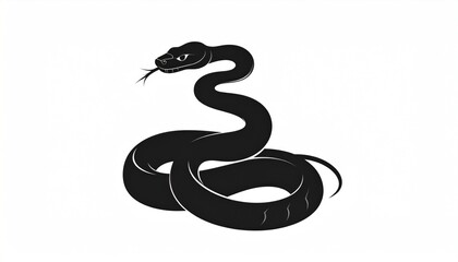 Fototapeta premium Silhouette of a coiled snake in black against a white backdrop, tongue extended