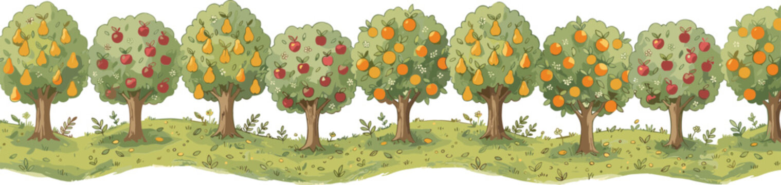 Watercolor Fruit Orchard Seamless Border Vector Illustration with Apple Pear and Orange Trees on Grassy Hills for Banner and Packaging Designs