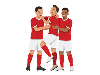 Obraz premium Group of three male soccer players celebrating together on the field during a match
