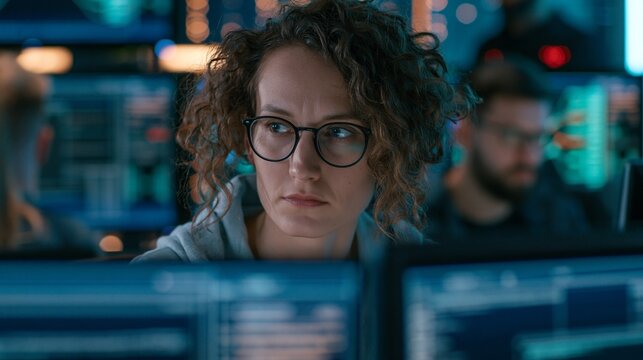 Medium shot of a cybersecurity analyst focused on decrypting ransomware data from multimonitor threat feeds with blurred team members and dynamic LED status indicators in a dim war