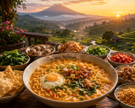 Traditional Mie Nyemek with Assorted Toppings and Scenic Mountain Sunrise View