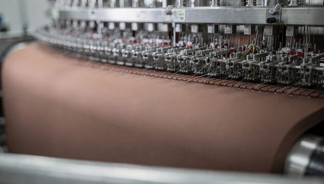 Closeup of seamless hosiery knitting process crafting opaque tubestyle tights highlighting smooth fabric texture and advanced machinery for flawless comfort.