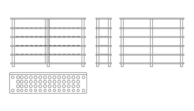 Blueprint elevations and plan view of industrial shelving unit with multiple tiers and base for storage and organization needs.