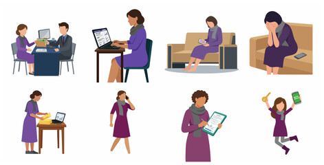 Fototapeta premium Mortgage application process set, woman applying for home loan, financial stress and success, real estate investment journey, bank document signing