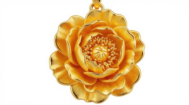 Detailed golden peony flower pendant. Ornate 3D jewelry charm isolated on white. Luxury accessory for special occasions or gifts. Elegant floral adornment.