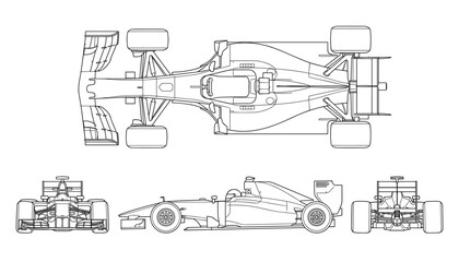 Naklejka premium Formula 1 race car blueprints top front side elevation view vector drawing on transparent background.