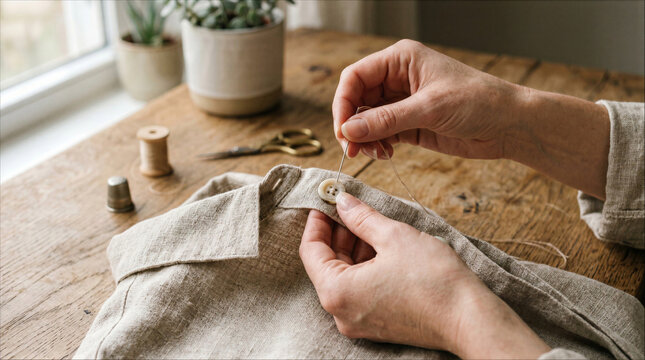 Close up of hands sewing a button on a linen shirt. Hand stitching, garment repair, and sustainable fashion craft on a wooden table.