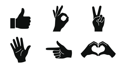 Fototapeta premium Set of 6 Hand Gestures Icons: Thumbs Up, Ok, Peace, Open Hand, Pointing, Heart Shape
