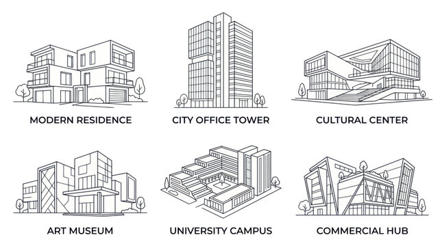 Set of Modern Architectural Buildings: Residence, Office, Cultural Center, Art Museum, University, Commercial Hub