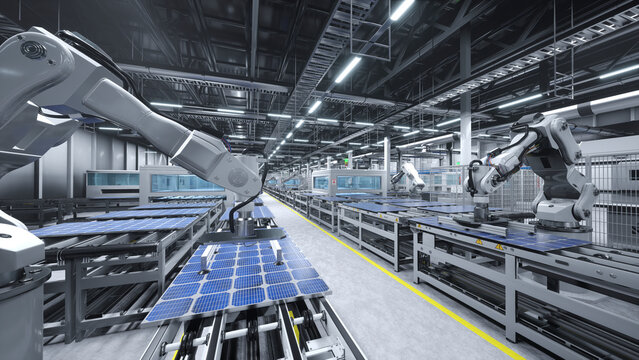Solar panel factory with industrial robot arms placing PV modules on automation lines, 3D illustration of industrial building interior, mass production warehouse producing sustainable solar cells.